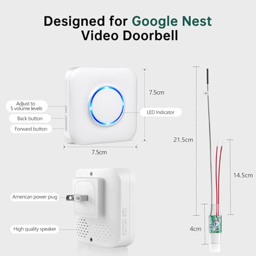 Wireless Doorbell Chime - Compatible with Google Nest Doorbell (Wired, 2nd Gen& 3rd Gen) and Google Nest Doorbell (Battery) with Wired Transmitter (1 Video Doorbell Extender 1 Receiver）