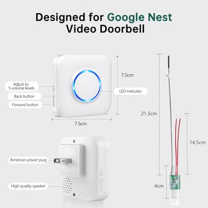 Wireless Doorbell Chime - Compatible with Google Nest Doorbell (Wired, 2nd Gen& 3rd Gen) and Google Nest Doorbell (Battery) with Wired Transmitter (1 Video Doorbell Extender 1 Receiver）