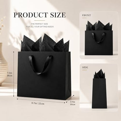 Offizon 6 Pcs Black Gift Bags, 8.7x3.9x7.1inch Paper Bag with Black Tissue Paper, Small 5-Sense Party Favor Bags (22x10x18cm) - color: Small-Black6-6PCS
