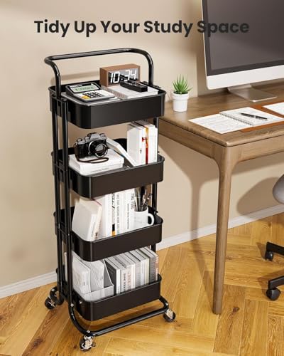 Pipishell Metal 4 Tier Rolling Cart with Handle & 2 Lockable Wheels, Black - color: Black, size: 4-Tier