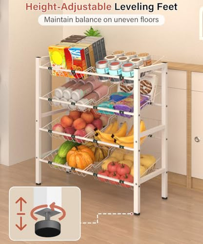 4-Tier Fruit and Vegetable Storage Rack, Freestanding Snack Stand Shelf with 8 Removable Baskets, Small Kitchen Island for Pantry Floor Organization, White