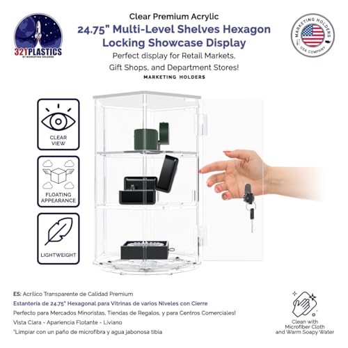 Marketing Holders Spinning Acrylic Cabinet 24" High Clear Locking Case with 2 Shelves Hexagon Shape Countertop Retail Display 2 Keys Included for Bakeries Gift Shops Galleries and Museums