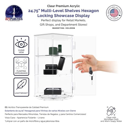 Marketing Holders Spinning Acrylic Cabinet 24" High Clear Locking Case with 2 Shelves Hexagon Shape Countertop Retail Display 2 Keys Included for Bakeries Gift Shops Galleries and Museums