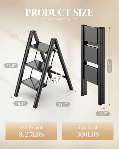 3 Step Ladder, Foldable Aluminum Step Stool with Anti-Slip Pedal - color: Black, size: 3 Step