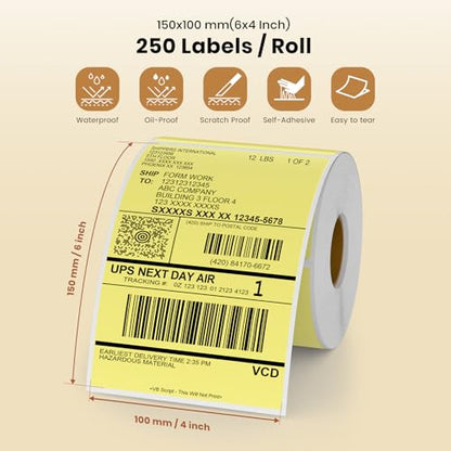 Yellow Thermal Labels 4 × 6 Inch Waterproof Vinyl Stickers 250 PCS - color: Yellow