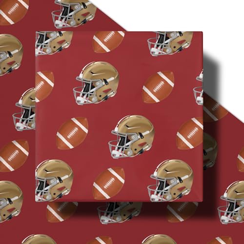 RUSPEPA 49ers American Football Wrapping Paper Roll for Men Boys, Mini Roll, Red Helmet and Rugby Ball Pattern, Sports Gift Wrap for Birthday, Super Bowl Party, Father's Day, 17 Inches x 16.4 Feet - color: Rugby