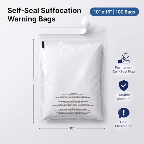 10” X 15” (100 Count) Self Seal Clear Poly Bags with Suffocation Warning - size: 10" X 15"
