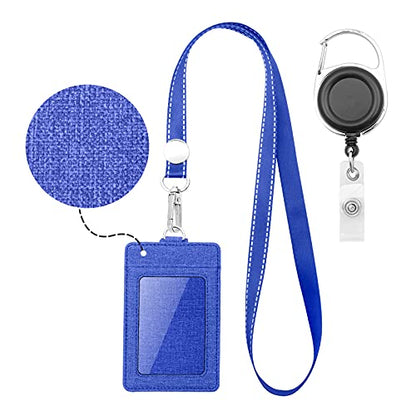 Life-Mate Badge Holder - Leather ID Badge Card Holder Wallet Case with 3 Cards Slot and Neck Lanyard/Strap. Additional Retractable Badge Reel with Belt Clip (Blue, Linen Finish) - color: Blue