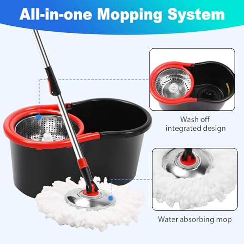 Spin Mop and Bucket with Wringer Set, 360° Spinning Mop Bucket System with 3 Microfiber Mop Replacement Heads Refills, Stainless Steel Extended Handle for Floor Cleaning Home Office