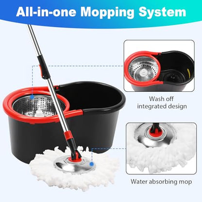 Spin Mop and Bucket with Wringer Set, 360° Spinning Mop Bucket System with 3 Microfiber Mop Replacement Heads Refills, Stainless Steel Extended Handle for Floor Cleaning Home Office
