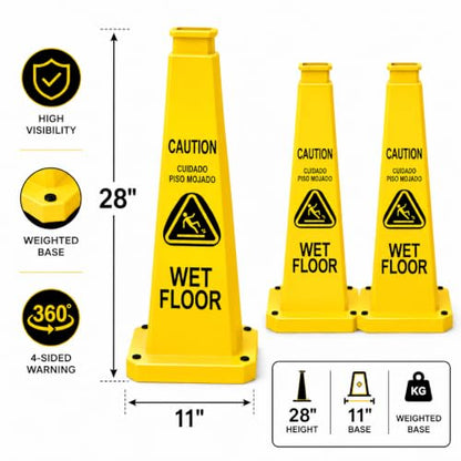 BESEA Wet Floor Sign 3 Pack, 28 Inch Heavy Duty Weighted Caution Cones - color: Yellow, size: 28INCH With Caution Sign