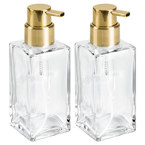 mDesign Glass Refillable Foaming Hand Soap Dispenser Modern Square Pump Bottle for Bathroom Vanities or Kitchen Sink, Countertops - 2 Pack - Clear/Soft Brass - color: Clear/Soft Brass