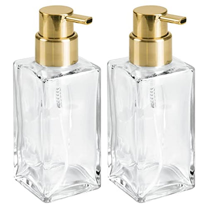 mDesign Glass Refillable Foaming Hand Soap Dispenser Modern Square Pump Bottle for Bathroom Vanities or Kitchen Sink, Countertops - 2 Pack - Clear/Soft Brass - color: Clear/Soft Brass