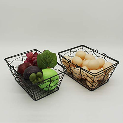 CVHOMEDECO. Metal Wire Fruit Baskets, Set of 2, Black, Rustic, Oval, Sturdy, Open Top, Powder Coated, Kitchen Hanging Baskets
