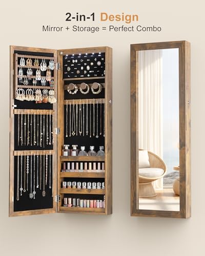 Nicetree 6 LEDs Mirror Jewelry Cabinet, Wall/Door Mounted,Rustic Brown - color: Rustic Brown