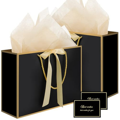 woric Black Gift Bags with Handles, 14" Medium Gift Bag with Tissue Paper - color: Black