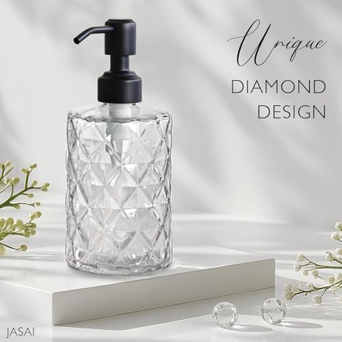 JASAI Diamond Design 12 Oz Glass Soap Dispenser with Black Pump - color: Clearglass-black Pump, style: Diamond