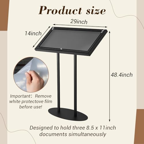 Metal Enclosed Bulletin Menu Board, 3 x (8.5 x 11) Inches Freestanding Menu Stand Menus Holder Floor Standing, Pedestal Advertising Display with Cover, 14 Magnetic Clasp Included, Black