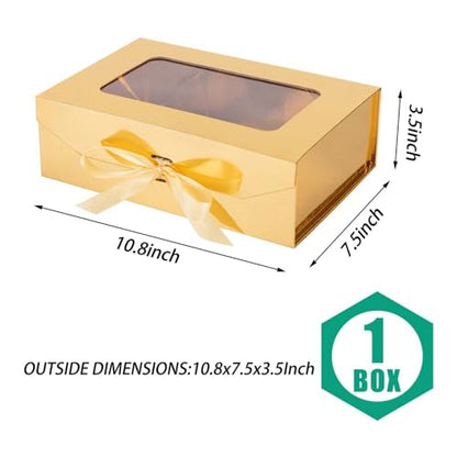 Gold Gift Box for Presents with Ribbon 10.8x7.5x3.5 Inches Clear Gift Box with Window Magnetic Closure Gift Boxes with Lids - color: Gold-10.8x7.5x3.5 Inches (Pack of 1)
