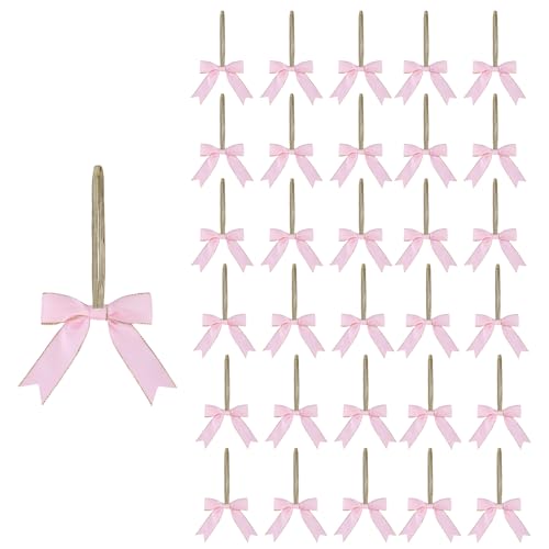 Meseey 30pcs 3 Inch Gold Stretch Elastic Loops with Pre-Tied Double Face Satin Gold Edge Ribbon Bows for Gift Wrapping,Baby Showers, Weddings, Christmas Boxes (3 Inch, Pink) - color: Pink, size: 3 Inch