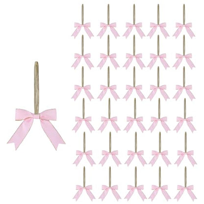 Meseey 30pcs 3 Inch Gold Stretch Elastic Loops with Pre-Tied Double Face Satin Gold Edge Ribbon Bows for Gift Wrapping,Baby Showers, Weddings, Christmas Boxes (3 Inch, Pink) - color: Pink, size: 3 Inch