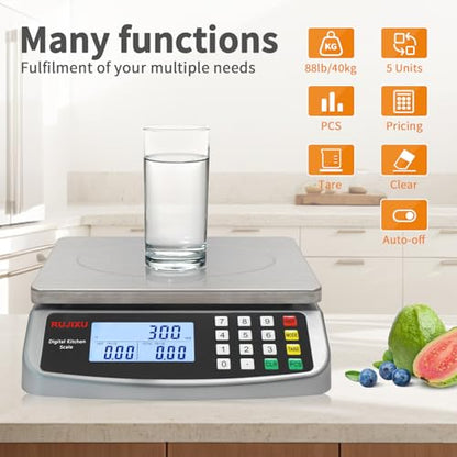 Food Scale 88lb/40kg Large Digital Kitchen Scale 0.05oz/1g with Price Computing Commercial Scale 304 Stainless Steel gram Scale for Baking Cooking Meat Restaurant ，USB or AA Battery(Included) - color: SILVER 40KG