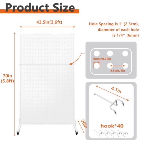 Royxen 70 x 44 Inch Metal Pegboard with 40 Hooks, Large Standing Pegboard Display with T-Base, Peg Board Display Stand with Wheels, Art Display Stand for Retail Stores Exhibitions Homes (White) - color: White