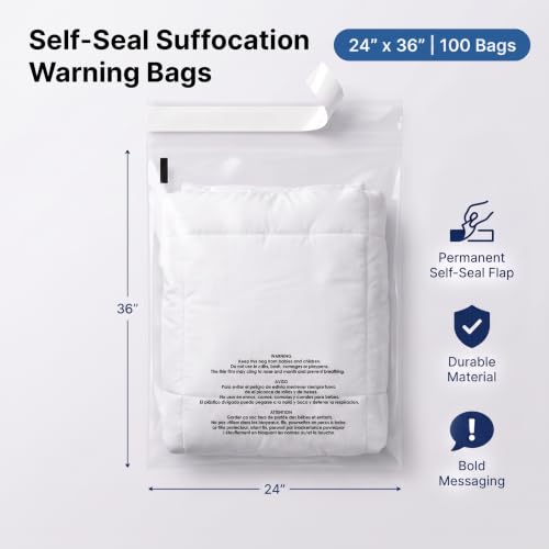 24” X 36” (100 Count) Self Seal Clear Poly Bags with Suffocation Warning - size: 24" X 36"