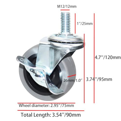 Caster Wheels, Heavy Duty Casters Threaded Stem Casters No Noise Swivel Casters Set of 4 Locking Castor Wheels for Funiture, Workbench, Carts (M12-1.75x25mm, 3 Inch) - style: M12-1.75x25mm