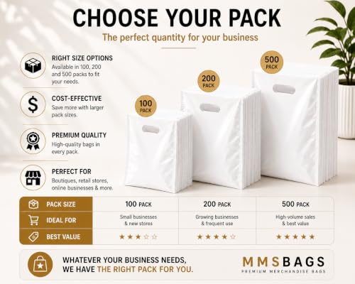 White Plastic Merchandise Bags, Die Cut Retail Shopping Bags for Small Business, Boutique & Store Packaging, 1.25 Mil, 9x12, 12x15, 15x18, Packs of 100, 200, 500 (100, 15x18) - size: 15x18