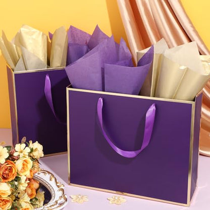 ReliThick 12 Pack Paper Gift Bag with Handles & Tissue, Dark Purple, Gold - color: Dark Purple, Gold