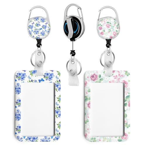 2 Pack Flowers ID Badge Holder with Clip Badge Reels - color: 2 Pack-flowers3