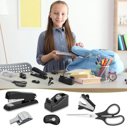 Black Desk Accessory Kit Cute Office Supplies Set Desktop Stapler Set Includes Staple Remover Hole Punch Tape Dispenser Ballpoint Pen Scissor Mini Box Cutter Tape Measure Paper Clips Sticky Notes - color: Black