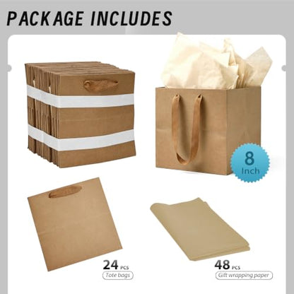 Papertide 24 Pack 8x8x8 inch Brown Square Gift Bags with Tissue Ppaper - color: Brown