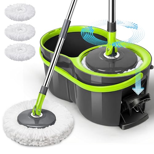 Masthome Compact Spin Mop Bucket System with Pedal Wringer Set - color: Green+dark Grey