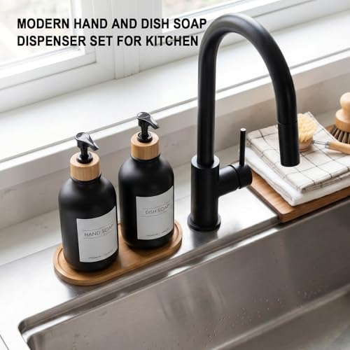 KASUNTING Hand and Dish Soap Dispenser Set, Plastic Kitchen Soap Dispenser Set with Bamboo Tray, 17 Fl Oz Black Soap and Lotion Dispensers Sets with 4 Pack Labels for Kitchen & Bathroom Countertop - color: Black, size: 2 Bottles with Bamboo Tray