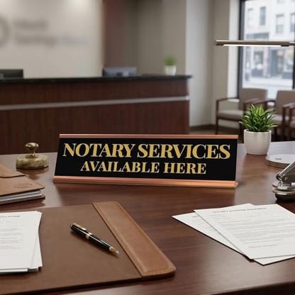 Signs ByLITA Notary Services Available Here Rose Gold Frame Desk Sign (2x8") - size: 2 x 8 inches