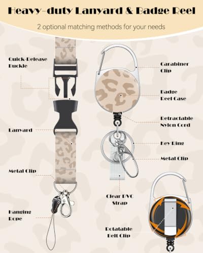 Uniclife Cute ID Badge Holder with Retractable Badge Reel & Lanyard, 2 Pack - color: Light Brown Leopard Print-horizontal