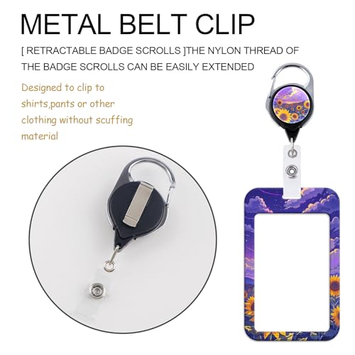 Purple ID Badge Holder with Neck Lanyard, Heavy Duty Retractable Badge Clip with Silky Lanyard, Sunflower Lanyard with Keychain for Women, Girl, Kids - color: Sunflower