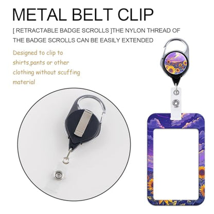 Purple ID Badge Holder with Neck Lanyard, Heavy Duty Retractable Badge Clip with Silky Lanyard, Sunflower Lanyard with Keychain for Women, Girl, Kids - color: Sunflower