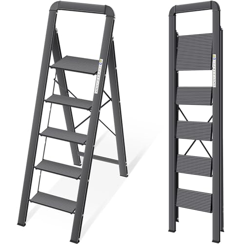 KINGRACK Aluminium 5 Step Ladder, Lightweight Step Stool with Non-Slip Pedals, Handrail, Folding Step Ladder for Kitchen, Garage, Home, Space Saving, Sturdy and Portable, Black - color: Black, size: 5-step with handrail
