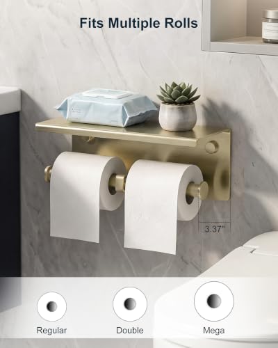 Double Toilet Paper Holder with Shelf Brushed Gold Large Tissue Roll Holder - color: Brushed Gold