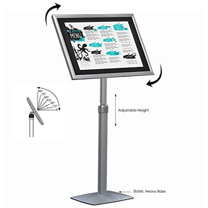 M&T Displays Pedestal Sign Holder Free Floor Standing Aluminum Heavy Duty Front Loading Snap Open Frame Adjustable Height Menu Poster Advertising Display Vertical Horizontal (Silver, 18x22 inch)