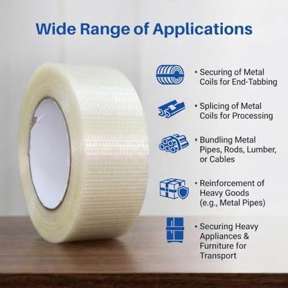 Filament Tape Bi-Directional Cross Weave, Fiberglass Reinforced Strapping Tape, Heavy Duty Industrial Packing & Palletizing, Strong Adhesive Shipping Tape 3" x 60 Yards, 2 Rolls