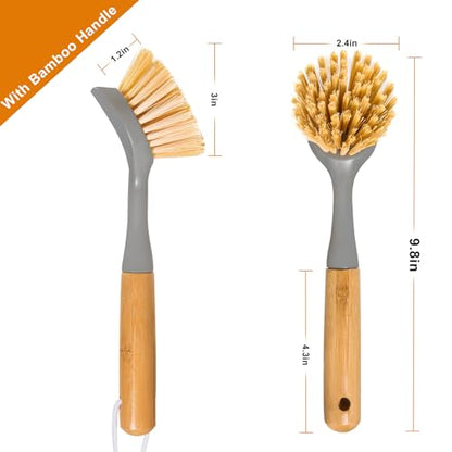 2 Pack Dish Brushes with Bamboo Handle, Kitchen Dish Scrubber Built-in Scraper, Scrub Brush for Pans, Pots, Counter & Kitchen Sink Cleaning, Dishwashing and Cleaning, Perfect Cleaning Tools, Gray - color: Gray