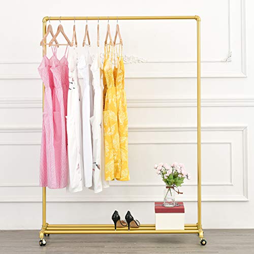 Rolling Gold Clothing Racks on Wheels, Retail Display Industrial Pipe Clothing Racks for Hanging Garment Racks for Boutiques, Home - size: 47"W X 63"H X 13.8"D