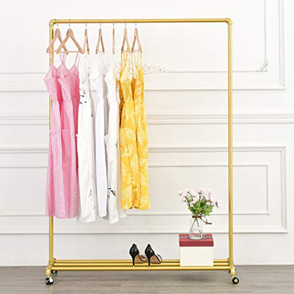 Rolling Gold Clothing Racks on Wheels, Retail Display Industrial Pipe Clothing Racks for Hanging Garment Racks for Boutiques, Home - size: 47"W X 63"H X 13.8"D