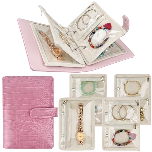 Travel Jewelry Organizer Case,Small Jewelry Bags Jewelry Storage Book Ring Binder with Clear Zipper Velvet Pouch for Women Traveling,Earrings, Rings, Necklace, Bracelet (Pink) - color: Case,Pink