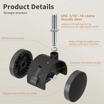 2" Nylon Plastic Stem Casters with Brake, 5/16"-18 Threaded Stem Furniture Wheel, Replacement Swivel Castors for Cart, Small Table, Metal Shelf, Bird Cage, 4 Pcs