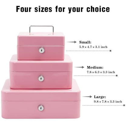 Steel Cash Box with Key Lock, Metal Small Money Organizer with Money Tray,Cash Storage Box with Lockable Cover (Pink - 5.9" x 3.1" x 4.7") - color: Pink - 5.9" x 3.1" x 4.7"